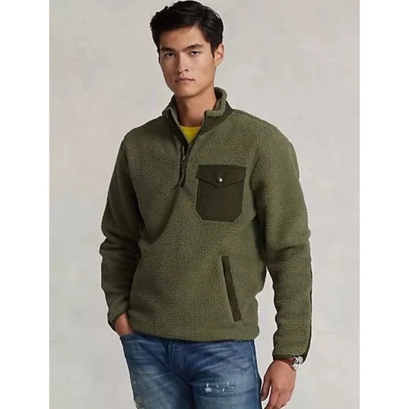 Polo Ralph Lauren Olive Green Hybrid Fleece Pullover Jacket Mens Large NWT $248 - Picture 1 of 4